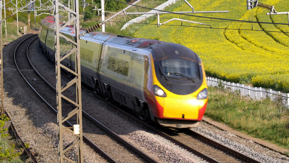 A train in motion.
