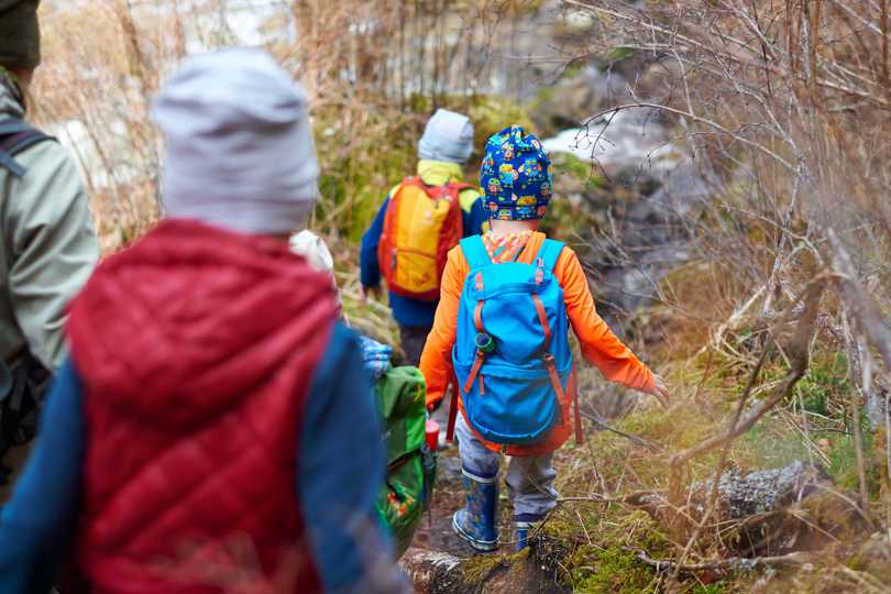 A group of children with rucksacks.