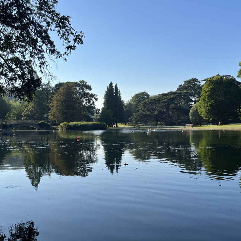 A photograph of the lake in Kearsney Abbey, looking towards the footbridge over the lake.