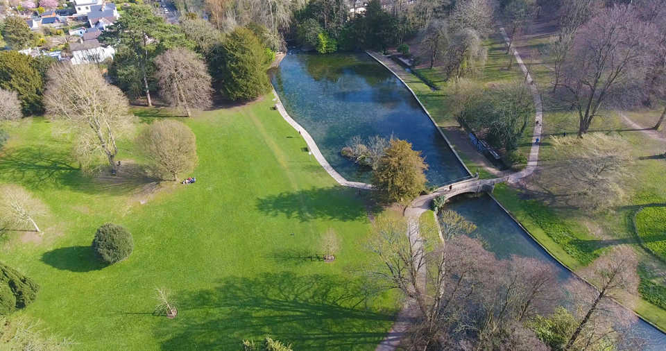 Aerial view of Kearsney Abbey, overlooking the River Dour.