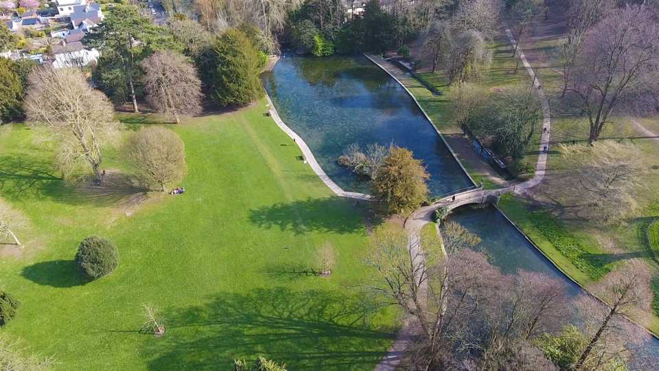 Aerial view of Kearsney Abbey, overlooking the River Dour.